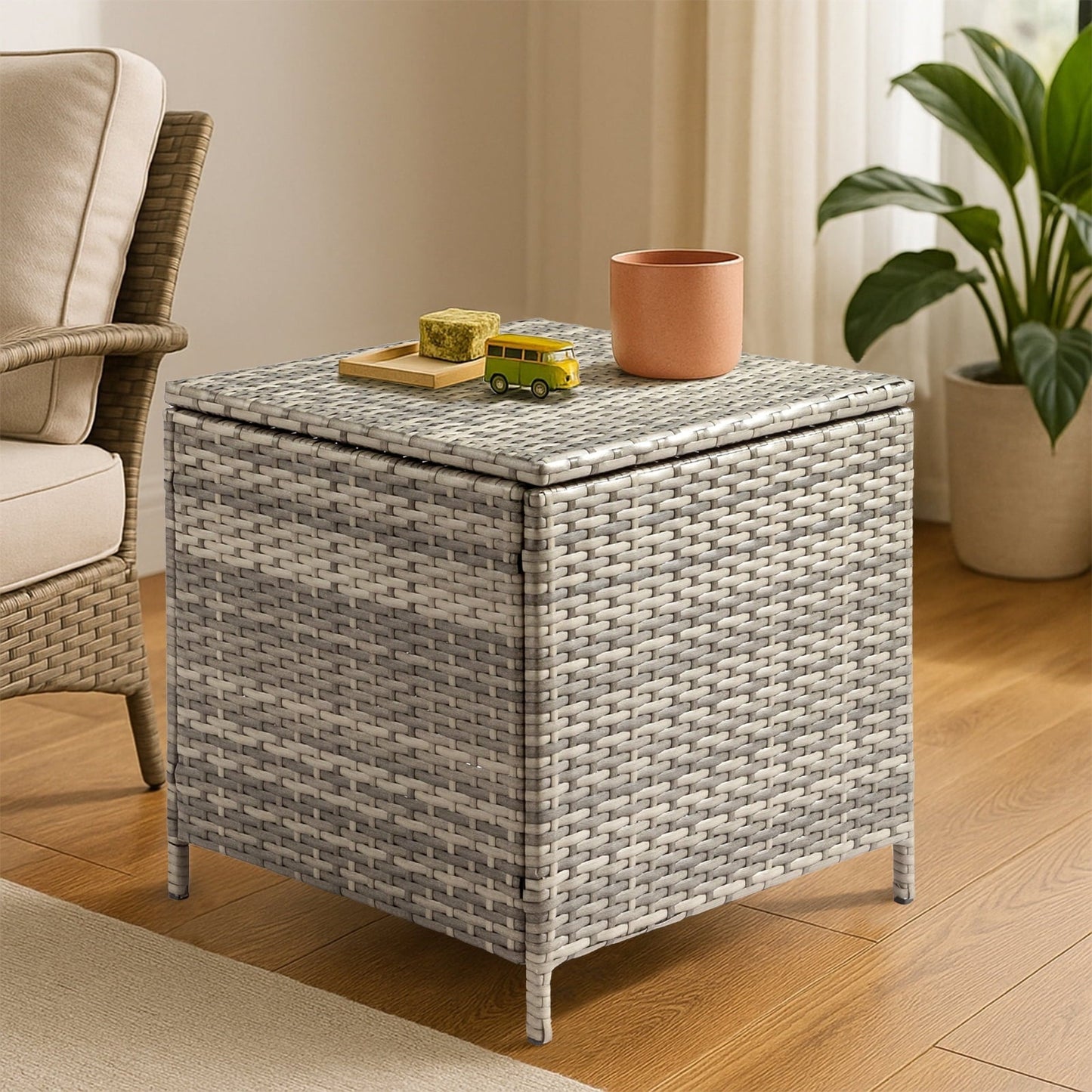 Funnil Outdoor Wicker Side Table for Patio Deck Garden, All-weather Rattan Small Storage Box End Table, Square Resin Coffee Table with Iron Frame, Gray
