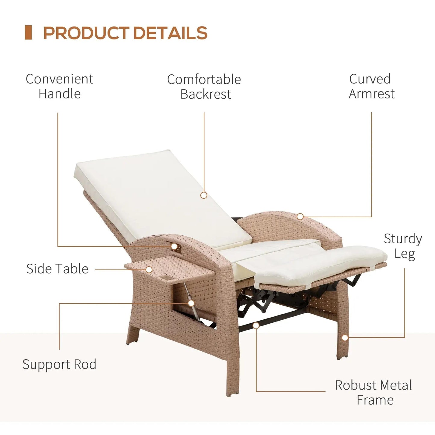 Resenkos Patio Recliner, Outdoor Reclining Chair with Flip-Up Side Table, All-Weather Wicker Metal Frame Chaise with Footrest, Cushions, Beige