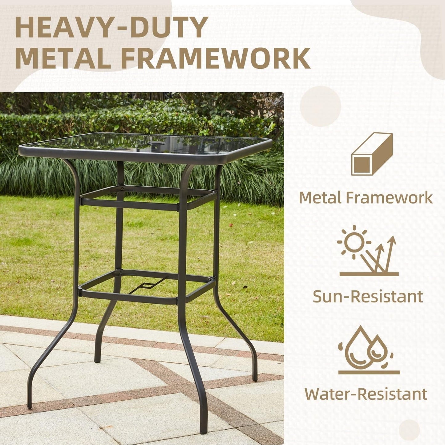 MELLCOM 32'' Outdoor Bar Table, Metal Outdoor Table with 1.57'' Umbrella Hole, High Top Patio Bar with Tempered Glass for Balcony, Backyard, Poolside, Garden, Black