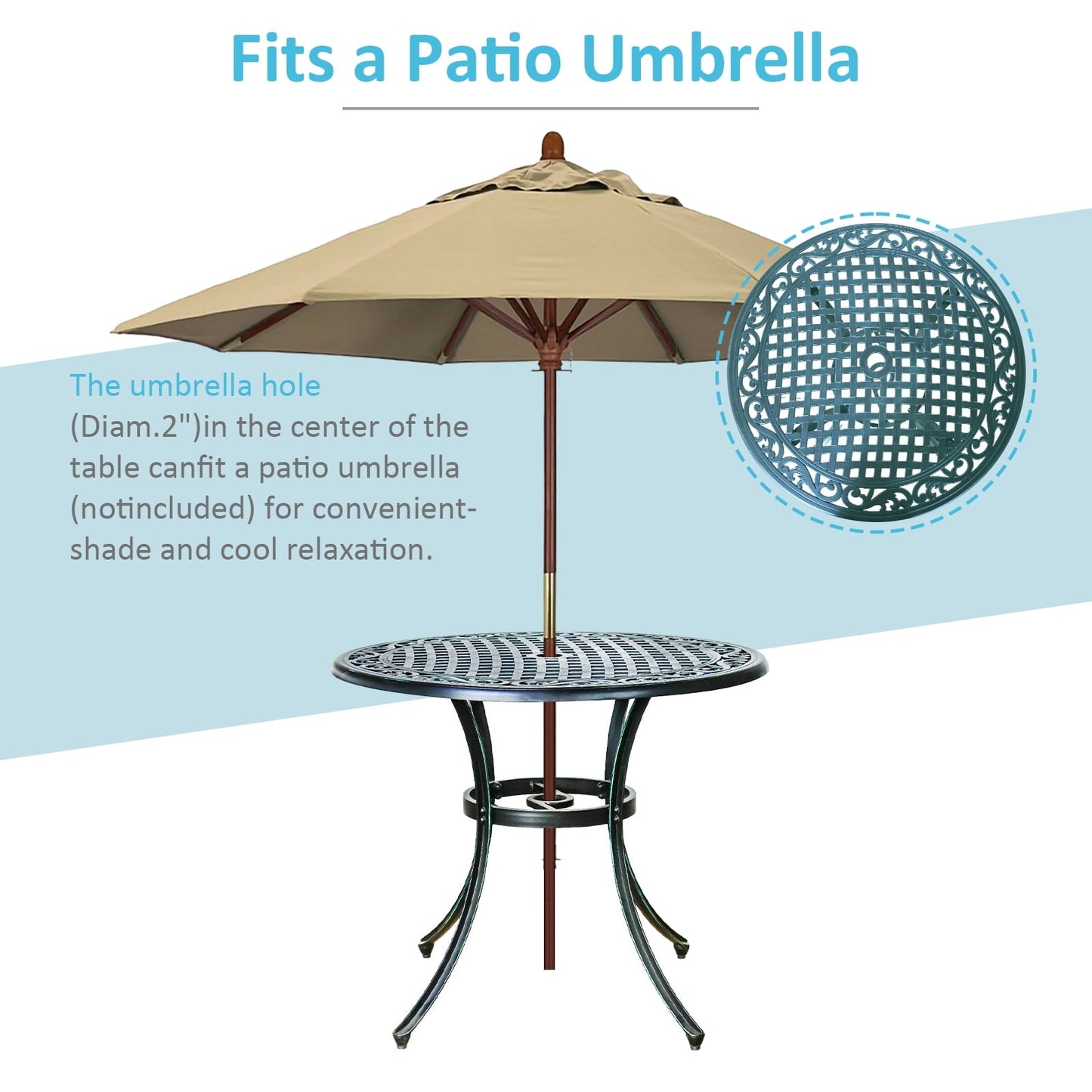 36" Diameter Outdoor Round Patio Bistro Dining Table Cast Aluminum Conversation Table with 2.0" Umbrella Hole for Garden, Yard, Vintage Green