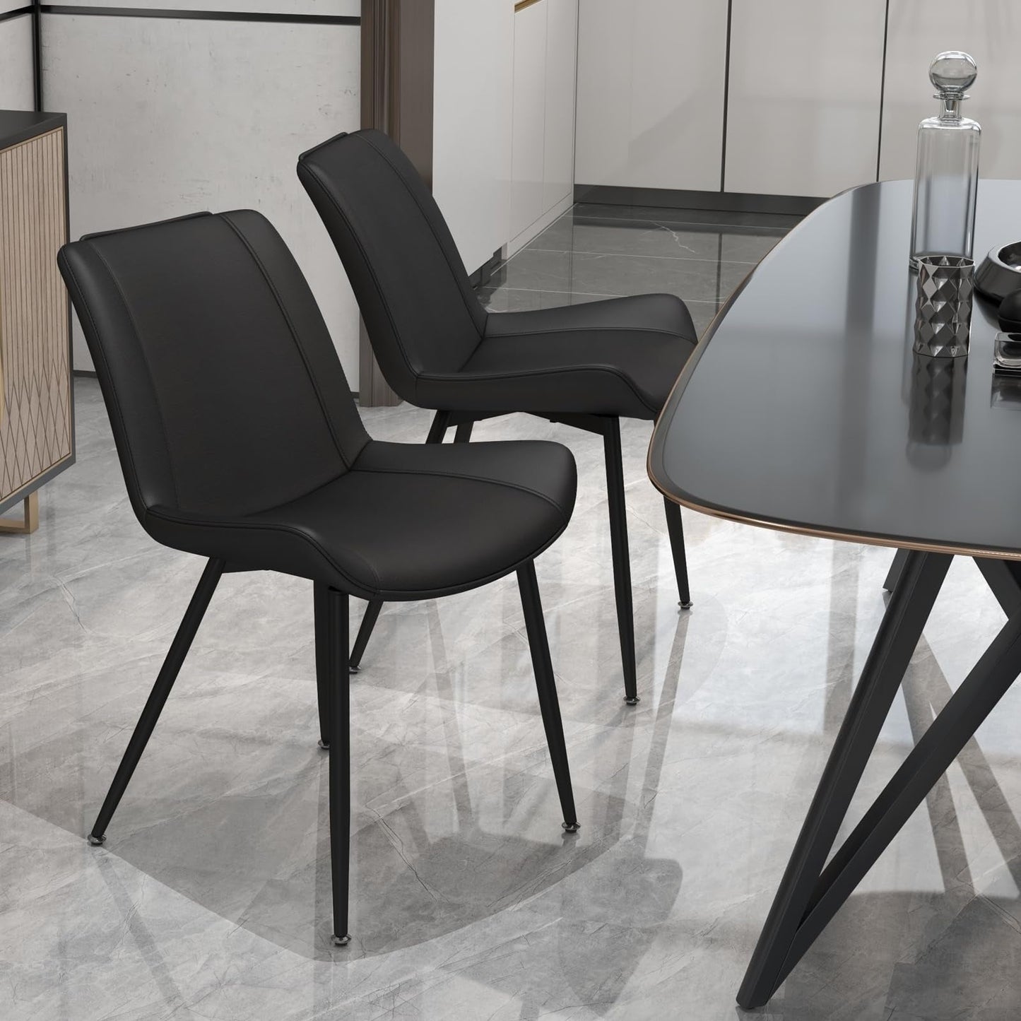Dining Chairs Set of 2, PU Leather Armless Kitchen Chairs with Backrest, Thick Cushions, Sturdy Metal Legs, Modern Upholstered Dining Room Chairs (Black)