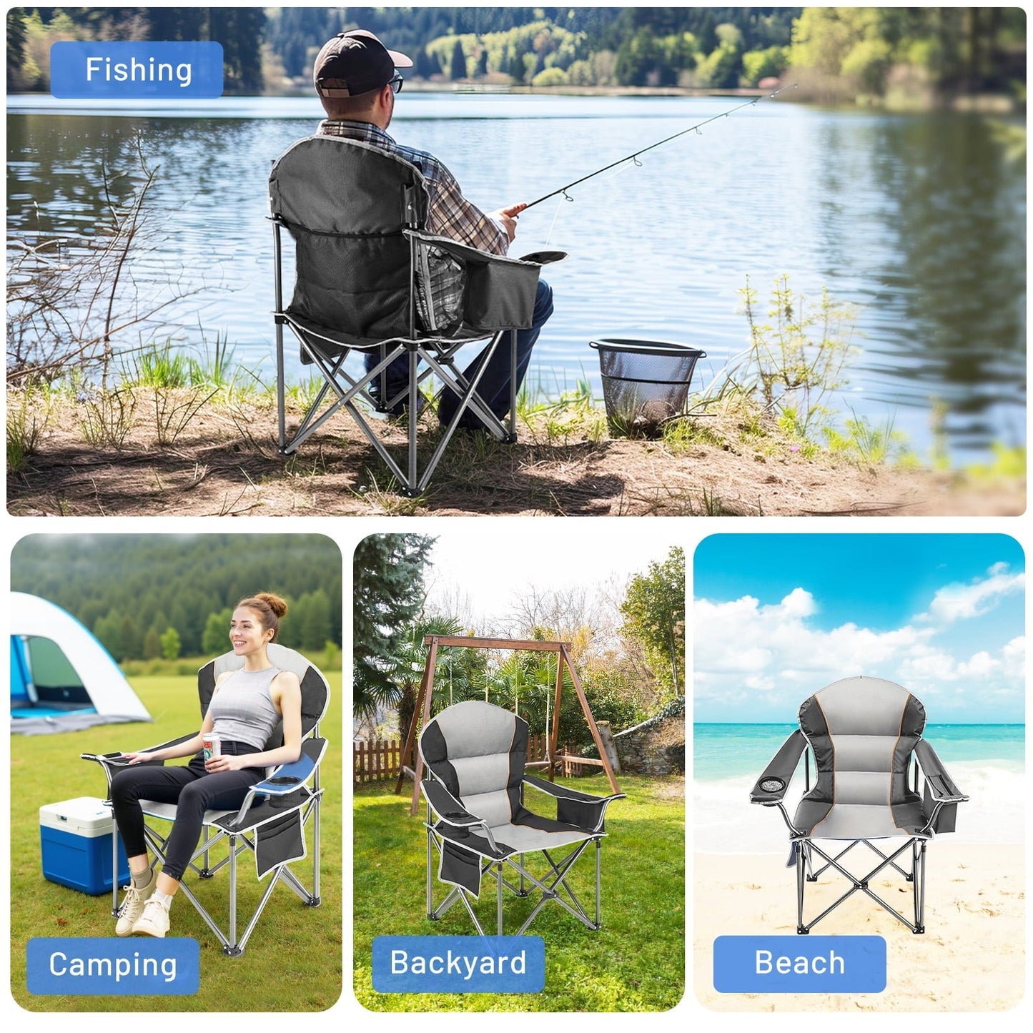 Oversized Camping Folding Chair, Heavy Duty Padded Chair with Cup Holder Storage and Cooler Bag for Outdoor,Black Gray