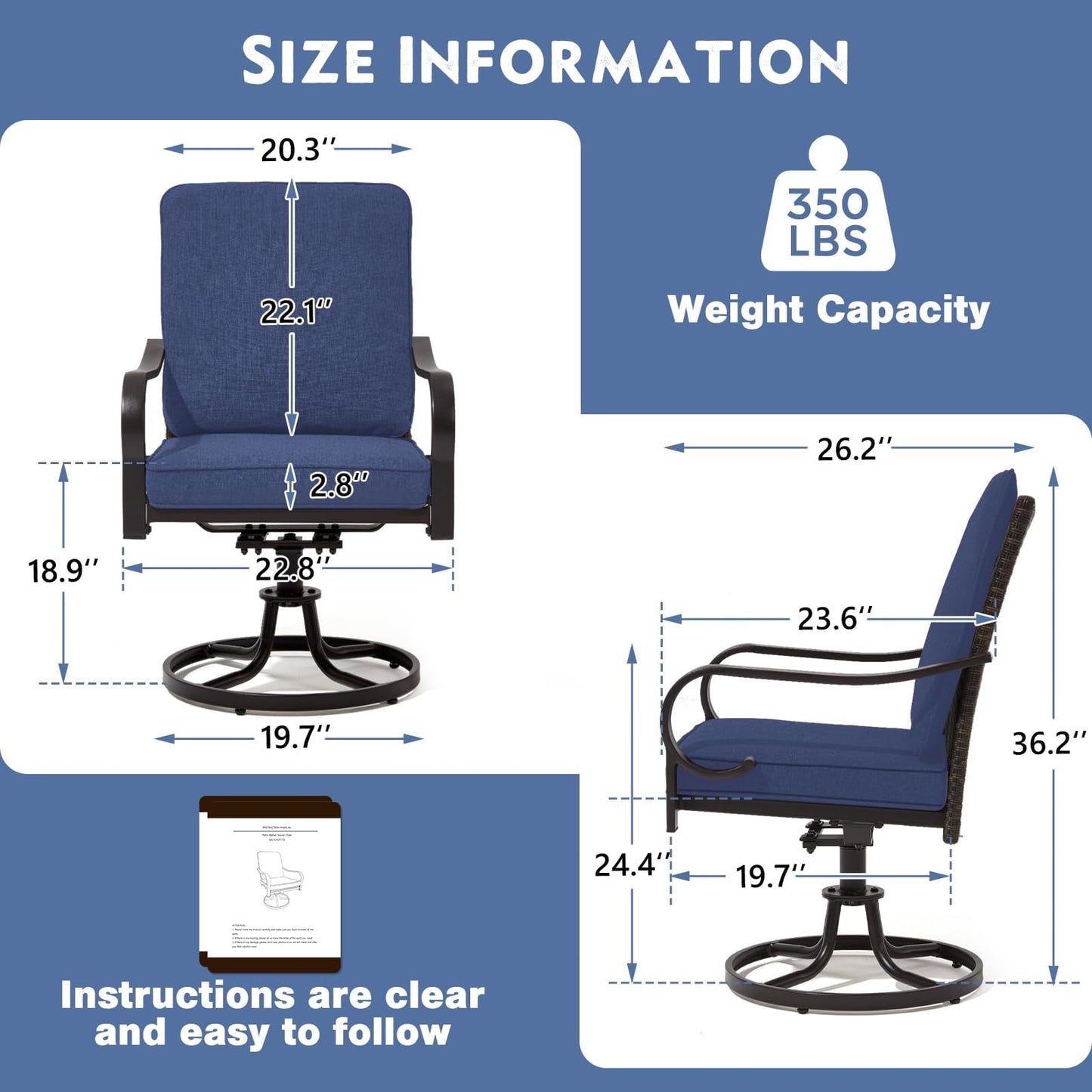 MELLCOM Patio Swivel Chair Set of 2, Outdoor Dining Chairs with Thickened Cushions, Wicker Chairs with Gentle Rocker for Porch, Garden, Backyard, Poolside, Deck, Blue