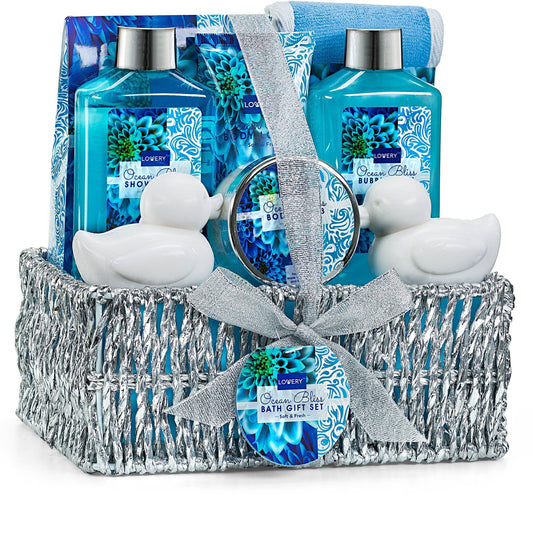 Mothers Day Home Spa Gift Basket In Heavenly Ocean Bliss Scent - 9Pc Bath & Body Set - Shower Gel, Bubble Bath, Bath Salt, Body