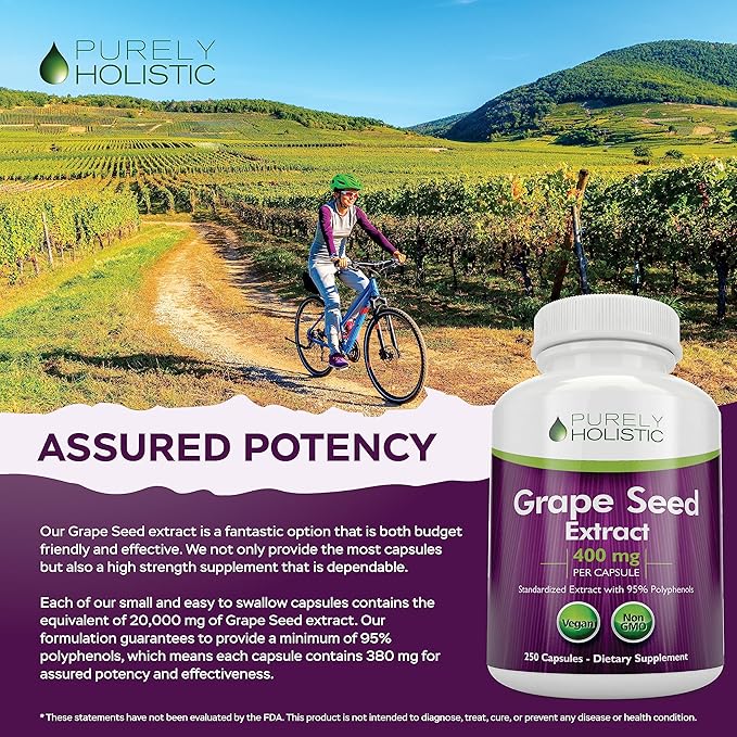 Purely Holistic Grape Seed Extract 20,000mg - 250 Vegan Capsules - 8+ Month Supply - Standardized to 95% Polyphenols - 400 mg per Capsule - Maximum Strength Grapeseed - Non-GMO & Pesticide Free