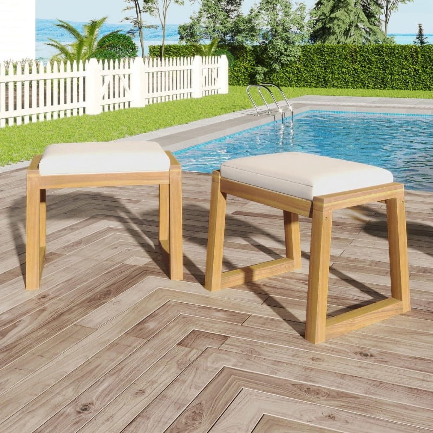 Acacia Wood Outdoor Ottoman Bench Set of 2, Waterproof Teak Finish Patio Footrest Stools with Beige Cushions, Modern Minimalist Pool Deck Seating for Garden, Backyard, 19.75" Height