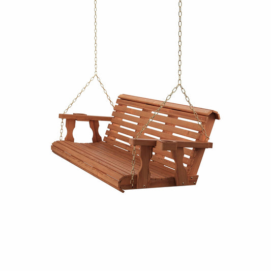 Amish Casual 6 Foot Roll Back Porch Swing with Cup Holders in Cedar Stain - Amish Made in The USA from Treated Pine Heavy Duty 700 Lb. Weight Capacity