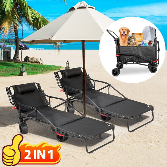 Aoemoe 400-Pound Capacity All-Terrain Beach Chair + Folding Cart 2-in-1,(Black)
