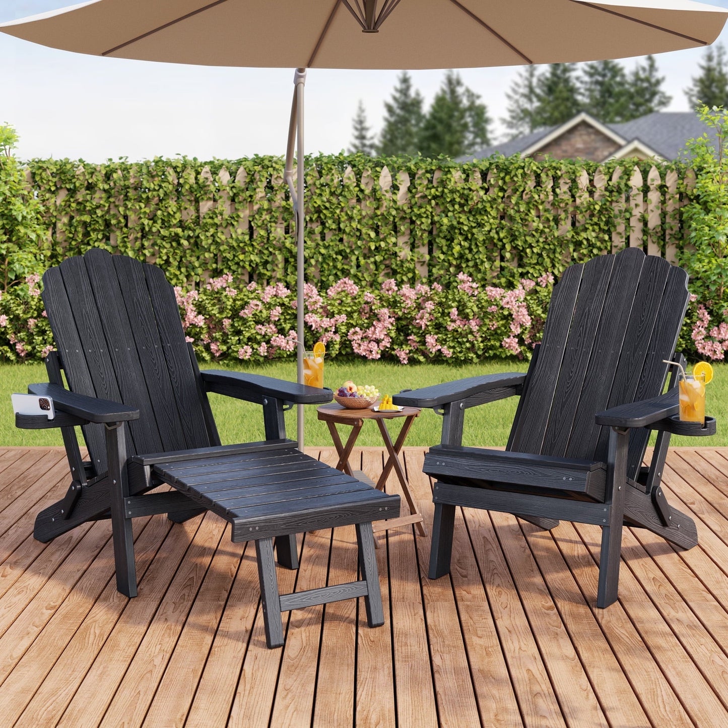 Asofer durable Folding Adirondack Chair and Retractable Ottoman, Wooden Textured with two Cup Holders，HDPE Poolside Backyard Lawn Coffee, Black