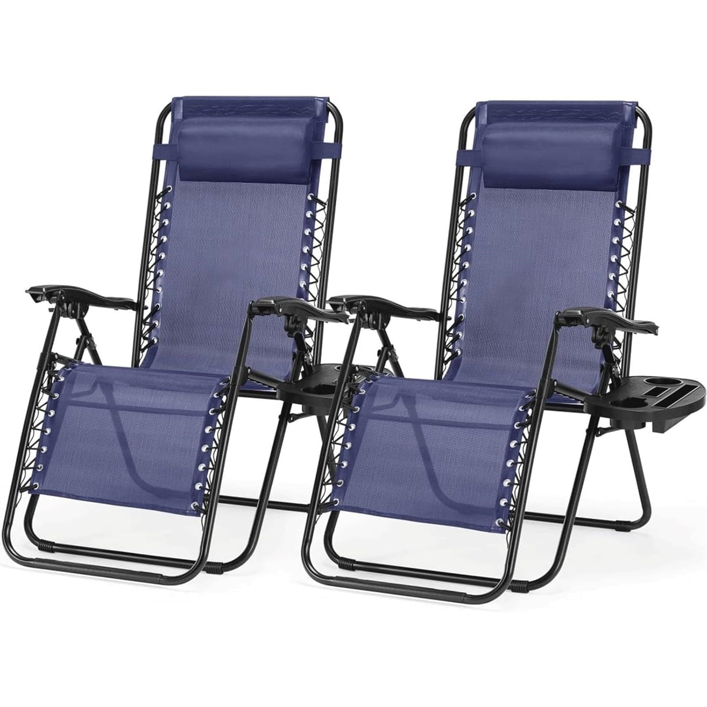 Atilioo Zero Gravity Chairs Set of 2, Adjustable Folding Recliner, Portable Lounge Chair with Steel Frame, Mesh Fabric, Cup Holder Trays & Pillow for Beach, Camping & Patio, Blue