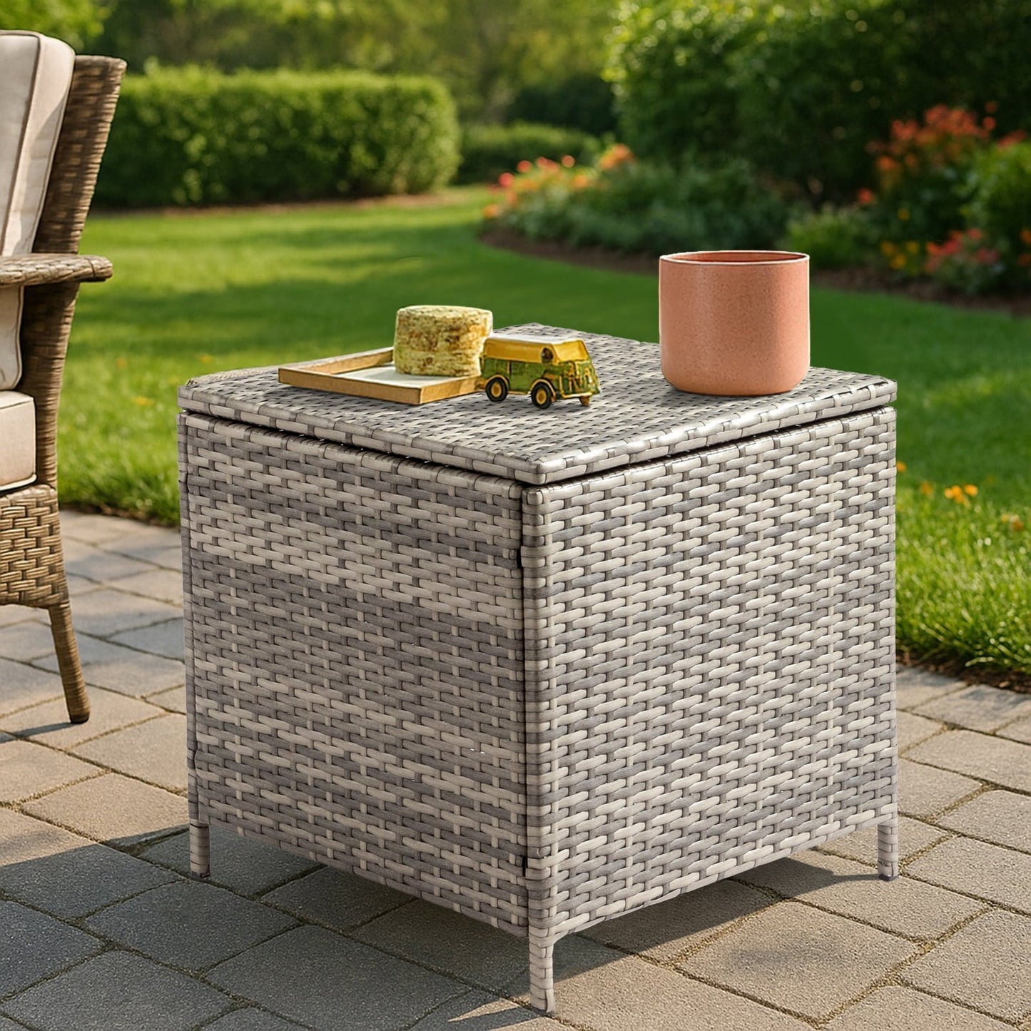BAYUELSWU Outdoor Side Table with Storage, 27 Gallon Wicker Outdoor Side Table, Rattan Coffee Table All-Weather for Patio, Porch, Lawn (Grey)