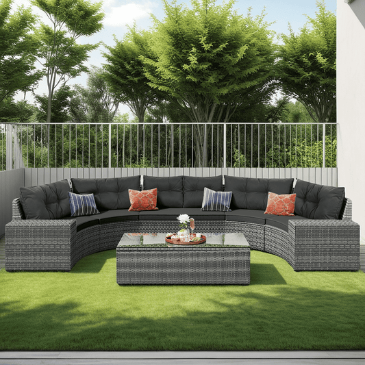 Baugery 8-Piece Half Moon Cruved Round Outdoor Sectional Sofa Furniture Set with Coffee Table, Grey/Beige