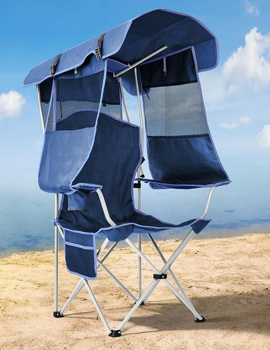 Beach Chair with Canopy Shade, Folding Camping Chair with Canopy with Cup Holder, Side Pocket for Camp, Beach, Tailgates, Fishing - Support 330 LBS