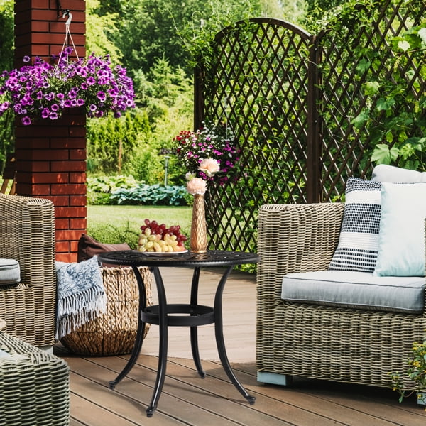 Black Cast Aluminum Outdoor Round Table with Phoenix Cutout, 23.6" Dia, 2" Umbrella Hole & Adjustable Feet for Patio Garden