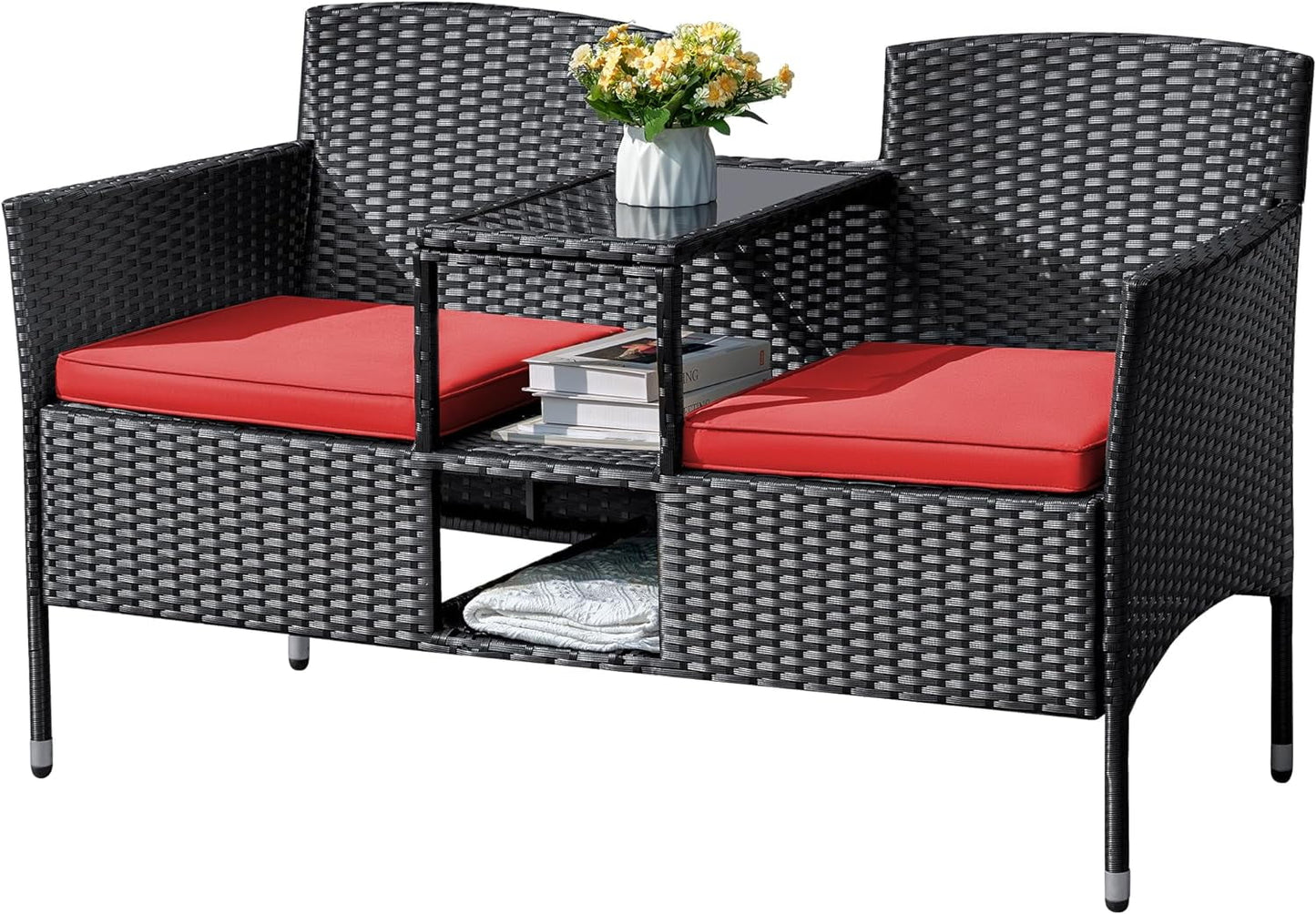 CRXX Outdoor Furniture Patio Loveseat Wicker 2-Seat with Built-in Table and Cushions Rattan Porch Chairs Bench for Balcony, Lawn, Backyard (Red)
