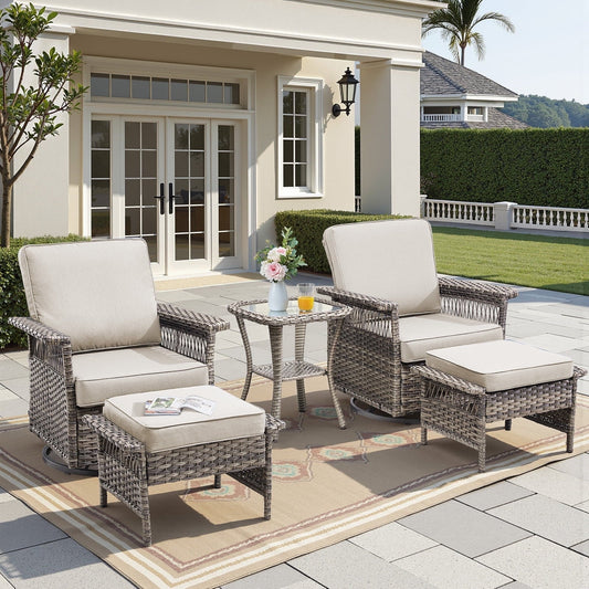 Feishominhoo Outdoor Swivel Rocker Patio Chairs,Gray Wicker Rocking Glider Chairs Set of 2 with Ottomans, Side Table and Beige Cushions Outdoor Patio Furniture for Balcony Porch Deck