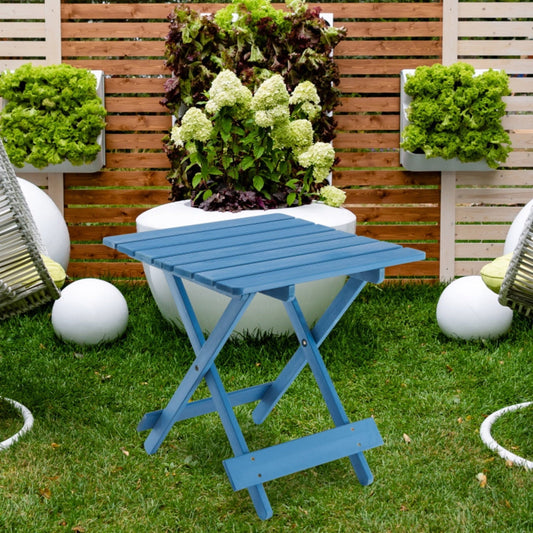 Folding Square Patio Table Outdoor Solid Wood Table For Backyard Balcony Portable Design Space Saving Blue Color Durable Weather Resistant Easy Setup Versatile Use
