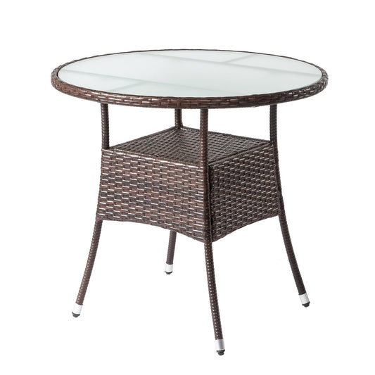 Funnil Outdoor Patio Table, Round Wicker Rattan Bistro Tables with Storage Shelf and Glass Tabletop, All Weather Patio Dining Table, Brown