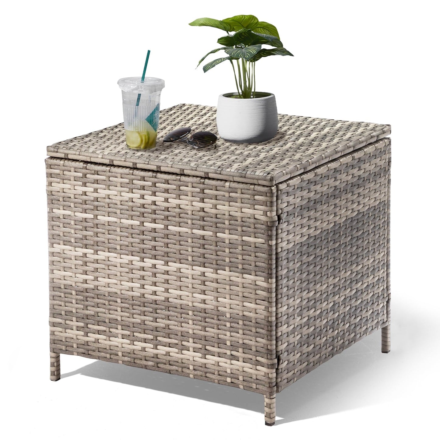 Funnil Outdoor Wicker Side Table for Patio Deck Garden, All-weather Rattan Small Storage Box End Table, Square Resin Coffee Table with Iron Frame, Gray