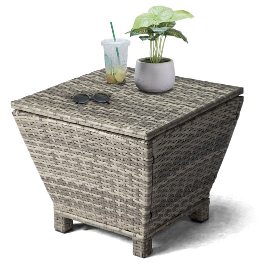 Funnil Outdoor Wicker Side Table for Patio Deck Garden, All-weather Rattan Small Storage Box End Table, Resin Coffee Table with Iron Frame, Gray