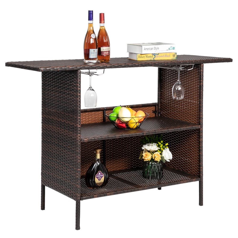 Funnil Patio Rattan Wicker Bar Height Counter Table, Outdoor Patio Furniture Wicker Bar Buffet Table, with 2 Storage Shelves and Wine Glass Racks, Brown