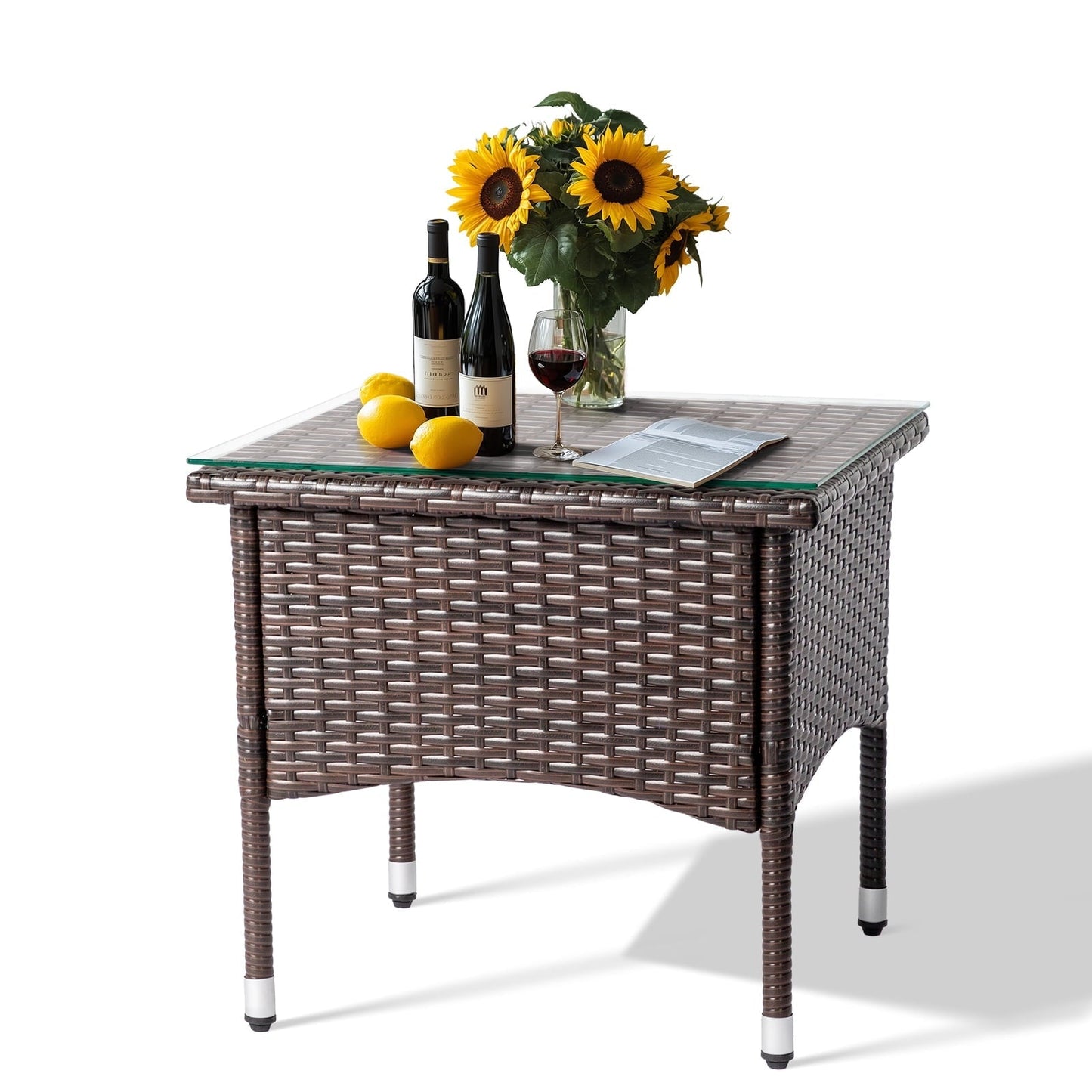Funnil Patio Wicker Rattan Side Table with Square Tempered Glass Top, All-weather Use Rattan Coffee End Table for Deck, Porch, Garden, Indoor&Outdoor, Brown