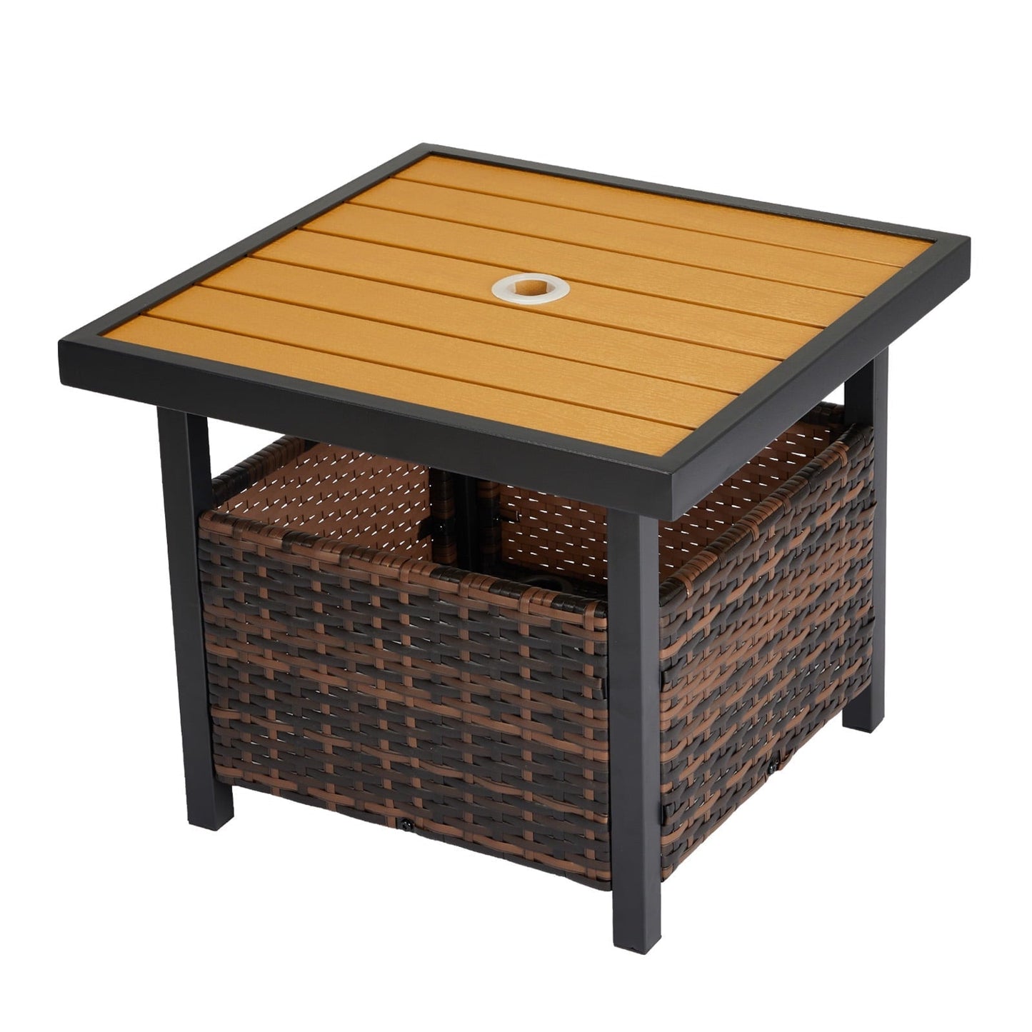 Funnil Patio Wicker Rattan Steel Side Table with Umbrella Hole, All-weather Use Rattan Coffee End Table for Deck, Porch, Garden, Indoor&Outdoor, Brown