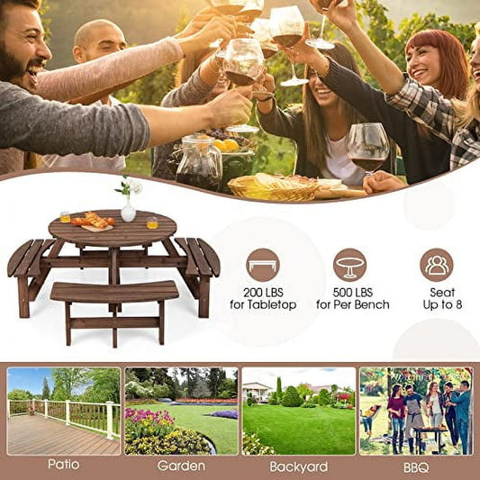GLACER 8 Person Wooden Picnic Table, Outdoor Round Patio Table with Seat & Umbrella Hole, 2200 LBS Weight Capacity for Patio, Backyard, Garden