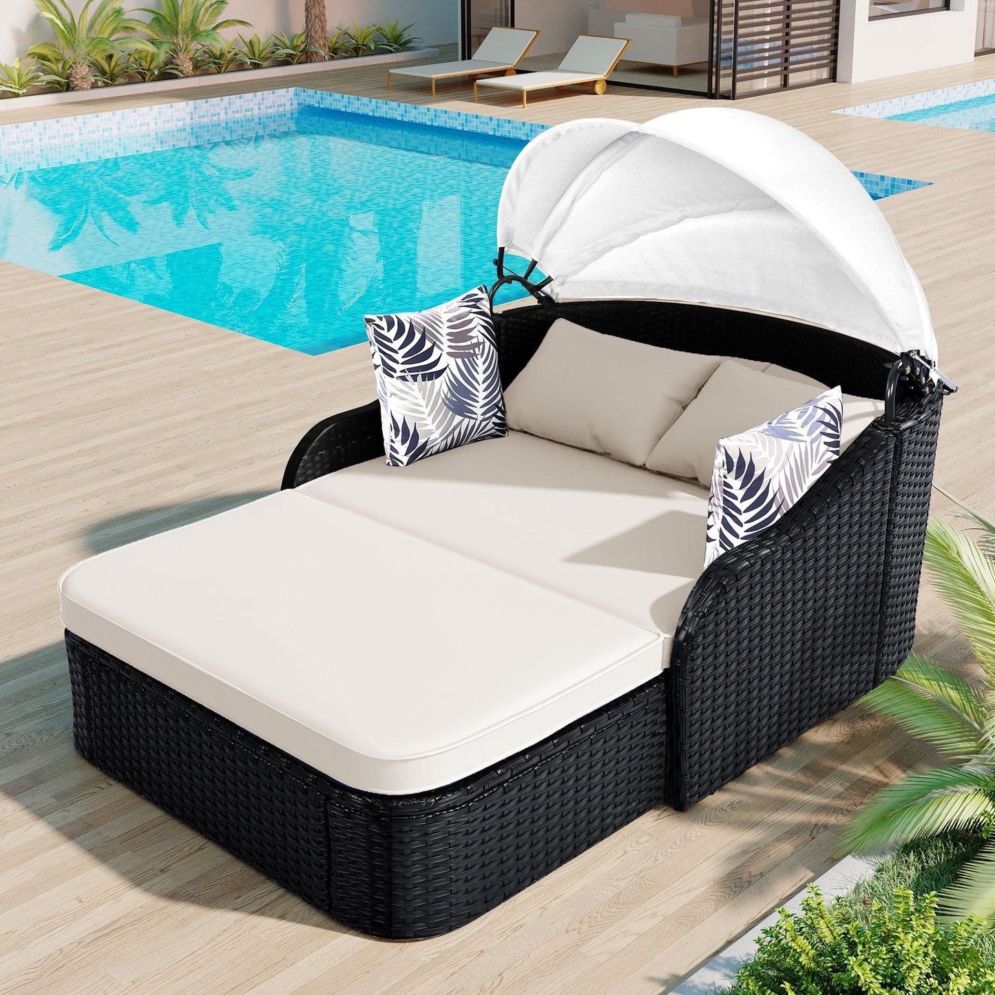 GO 79.9" Adjustable Canopy Sunbed, Double Lounger in PE Rattan, Black Frame & Beige Cushion