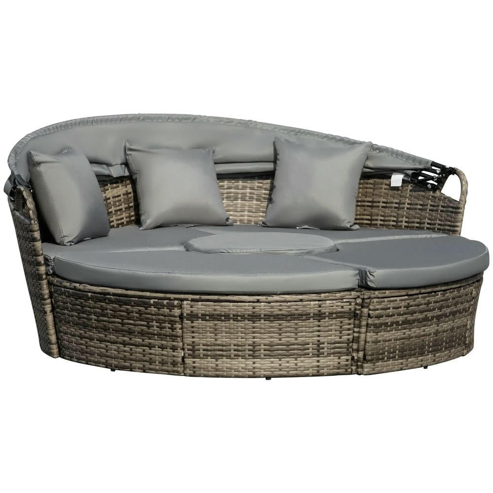 GVN Outdoor Daybed Set, Outdoor Bed Loveseat Set,4-Piece Round Convertible Daybed, Outdoor PE Rattan Patio Wicker Sofa Set with 2 Chairs, Table, 3 Pillows, Dark Gray