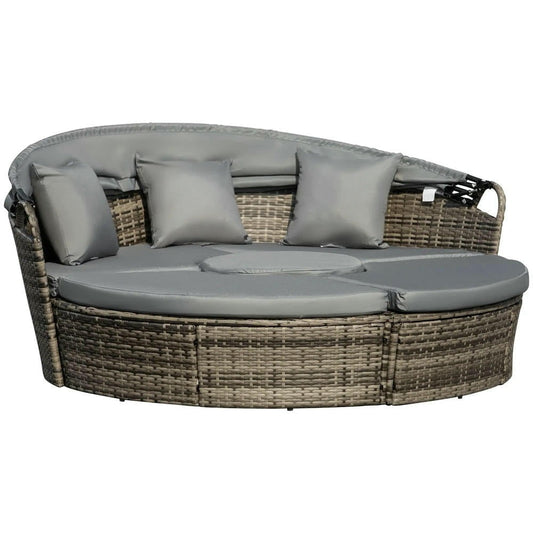 GVN Outdoor Daybed Set, Outdoor Bed Loveseat Set,4-Piece Round Convertible Daybed, Outdoor PE Rattan Patio Wicker Sofa Set with 2 Chairs, Table, 3 Pillows, Dark Gray