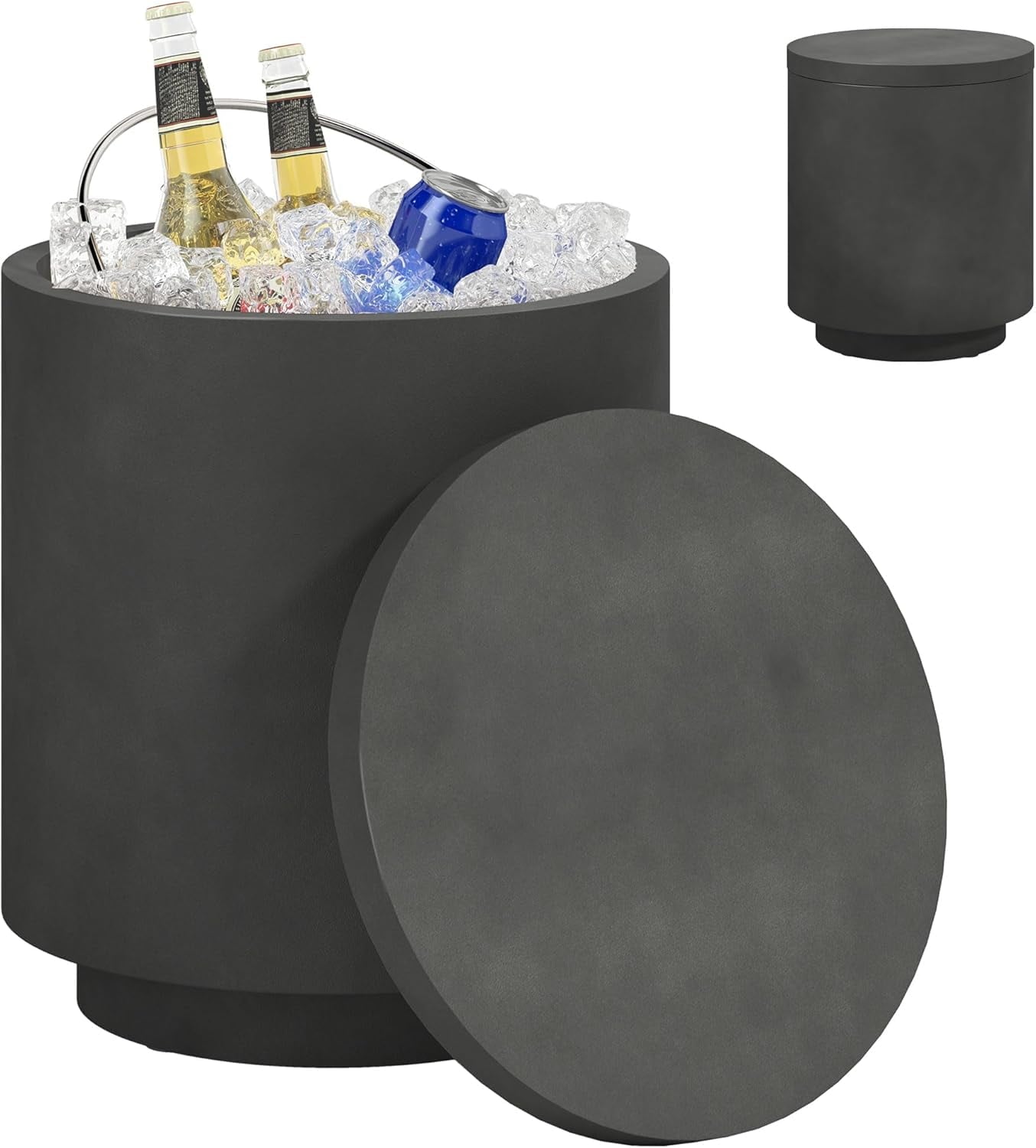 GaoJ 2.6 Gal Outdoor Cooler Side Table, 3-in-1 Cool Coffee Table with Storage, Removable Ice Bucket and Lid, Concrete Small Patio Table for Party, Poolside, Deck, Charcoal Gray