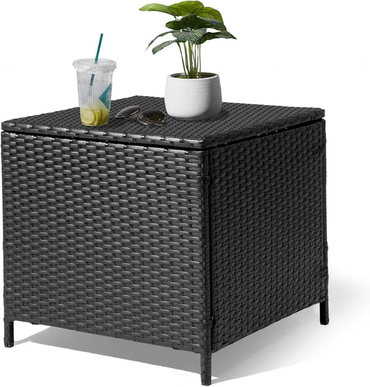 GaoJ Outdoor Side Table, Rattan Coffee Table with Storage 27 Gallon Patio Small Deck Storage Box for Cushion Towel Books, Brown Side Table with lid，Black
