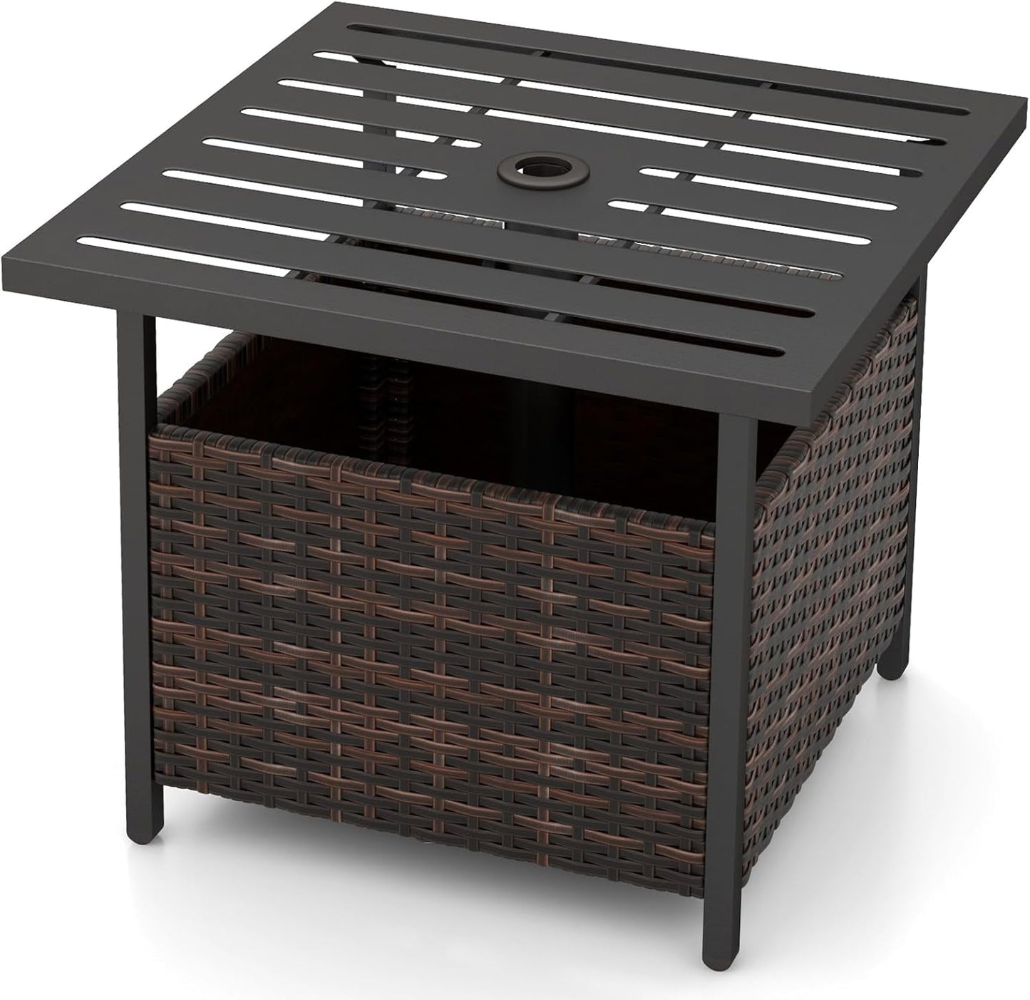 GaoJ Outdoor Side Table with Umbrella Hole, 22" Wicker Umbrella Stand Holder and Base, Weather-Resistant PE Rattan Patio End Table for Deck Garden Poolside (Metal Tabletop, Brown)
