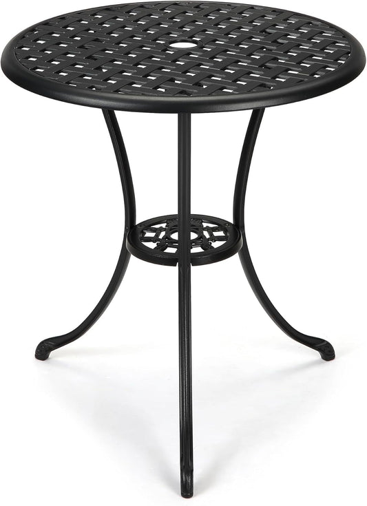 Garvee Round Patio Bistro Table 24 Inch, Cast Aluminum Outdoor Cafe Table with 2Inch Umbrella Hole, Metal Side Table for Porch,Backyard,Garden，Black