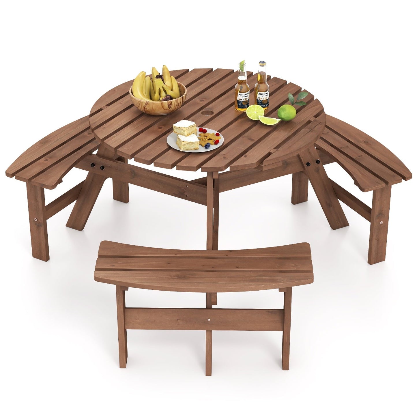 Gymax 6-Person Round Picnic Table Set w/ 3 Built-in Benches 2'' Umbrella Hole Brown