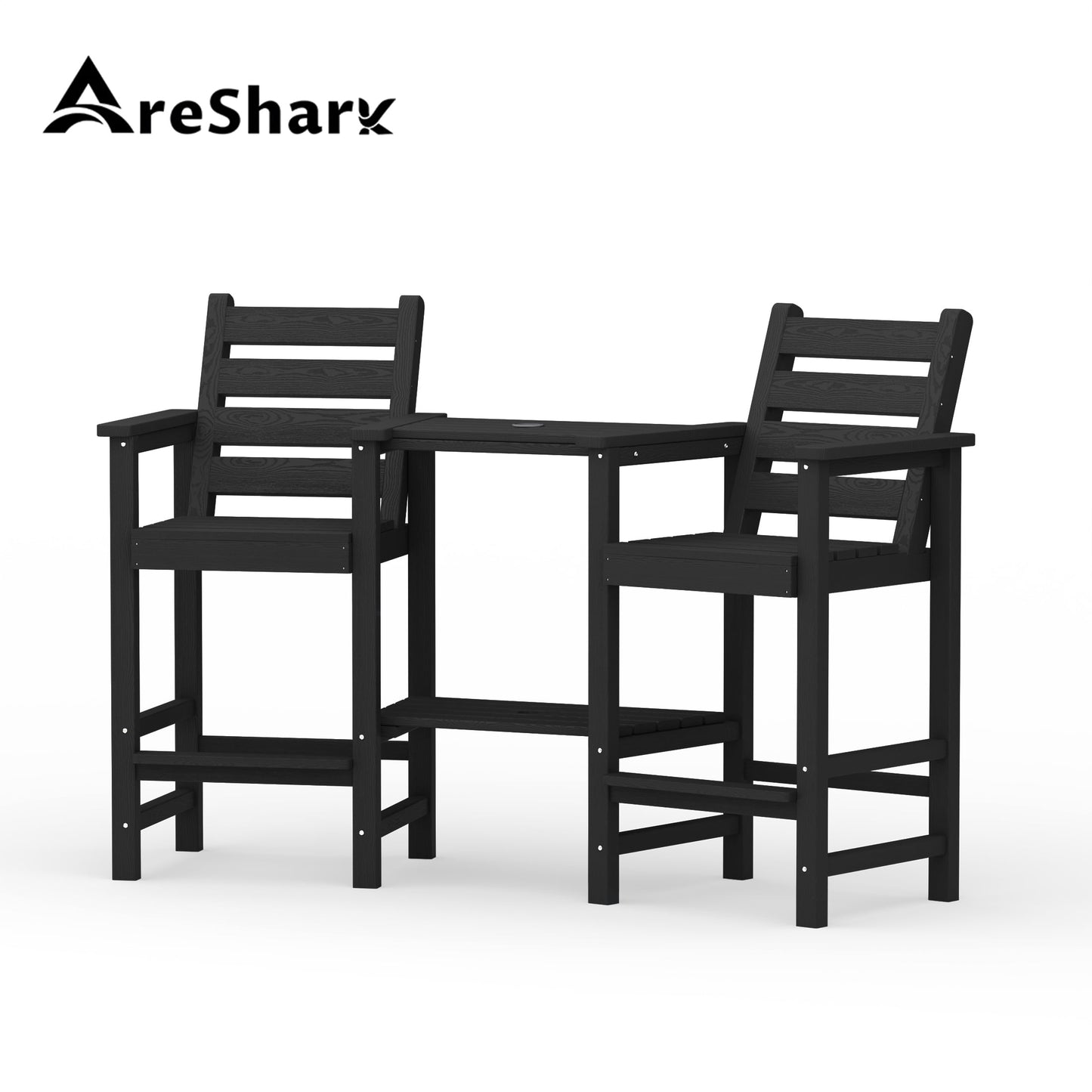 AreShark HDPE Tall Adirondack Chair Set with Removable Double Trays (Set of 2) Black