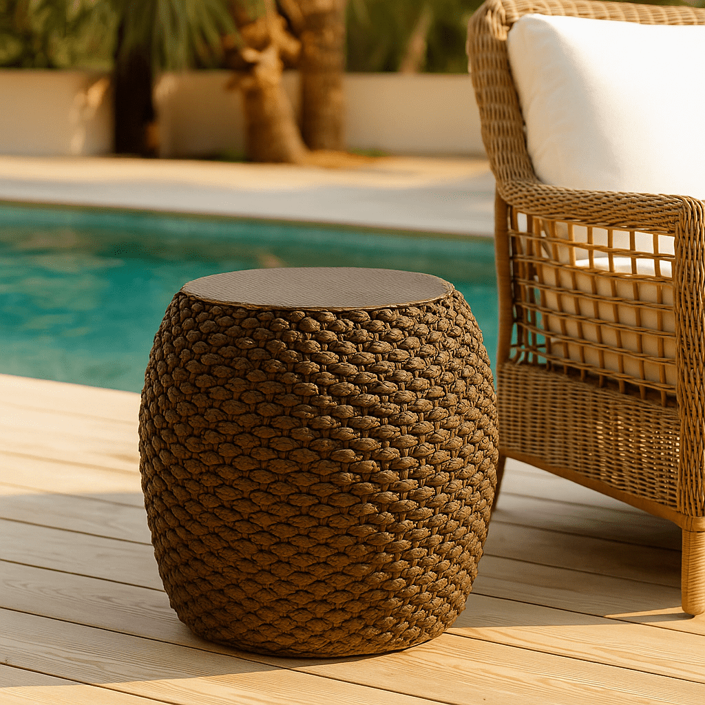 Homy Casa Faux Rattan Side Table for Poolside Lounge or Patio Balcony Relaxation, Brown