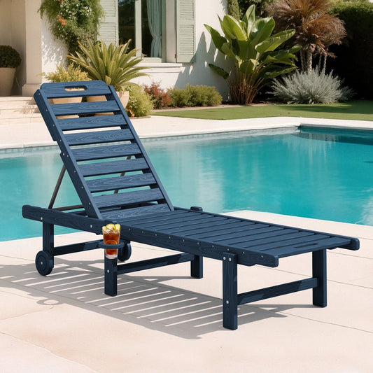 JUSTLET HDPE Outdoor Chaise Lounge Chair with Wheels & Cup Holder,5 Position Adjustable Backrest for Patio & Balcony & Garden & Poolside & Beach, Navy Blue