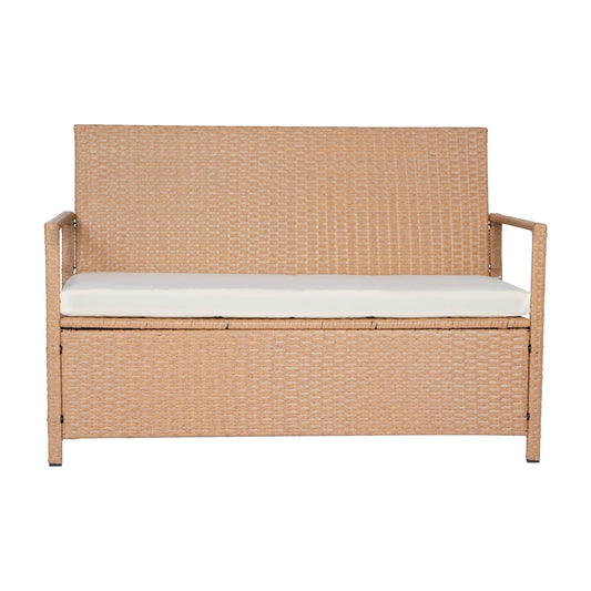 KFFKFF Outdoor Storage Bench, 2-Person PE Rattan Deck Box with Cushion, 70-Gallon Capacity, Supports up to 265 lbs, Weather-Resistant Seating for Patio, Garden, Balcony, or Yard