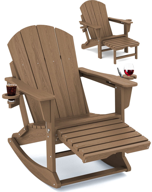KINGYES Adirondack Rocking Chair with Retractable Ottoman and Cup Holders, HDPE Adirondack Rocker Patio Rocking Chair for Porch, Patio, Balcony, Brown