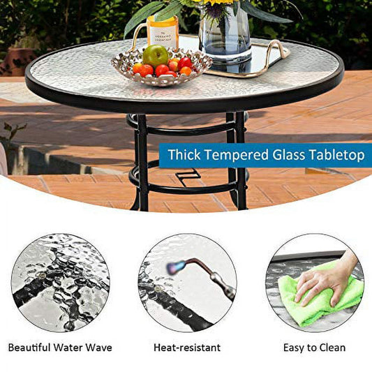 KOTEK 32'' Patio Table with Umbrella Hole, Outdoor Bistro Table w/Tempered Glass Top & Sturdy Metal Frame, Round Patio Dining Table Coffee Table for Garden, Balcony, Poolside