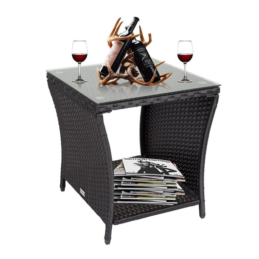 Kinsuite PE Rattan Patio Side Table - Outdoor Wicker End Table with Glass Top, Rattan Coffe Table in Iron Frame for Backyard Balcony Poolside, Black