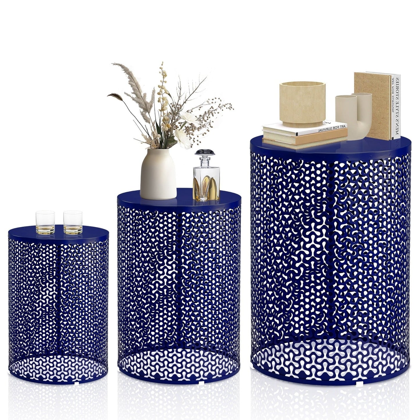 Ktaxon 3 Piece Metal Stacking Side Table Set for Patio Indoor Outdoor Nesting End Tables Clover Design, 12/14/16 Inch， Blue