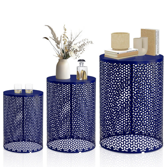 Ktaxon 3 Piece Metal Stacking Side Table Set for Patio Indoor Outdoor Nesting End Tables Clover Design, 12/14/16 Inch， Blue