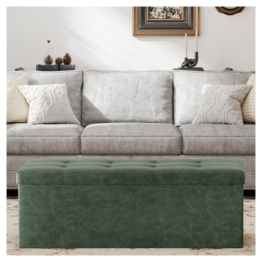 LEDREM 43" Foldable Storage Ottoman Bench, 660lb Capacity, Multifunctional Footrest Stool, Quick Assembly, Synthetic Leather, Forest Green
