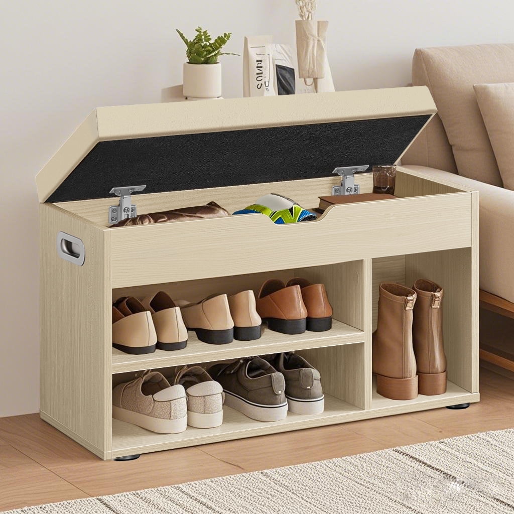 LEDREM Shoe Storage Bench with Cushion, Shoe Organizer with Compartment Open Shelf, Beige