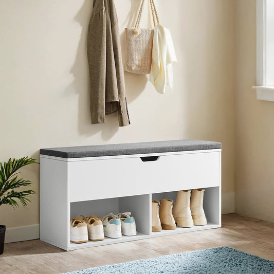LEDREM Shoe Bench with Cushion, 300lb Capacity Storage Bench with 3 Compartments, White and Gray