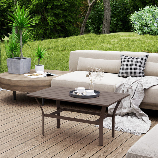 LEIYY Outdoor Coffee Table, All-Weather Rectangle Metal Patio Coffee Table with Slatted Tabletop for Outside, Patio, Garden, Balcony, Backyard,Brown