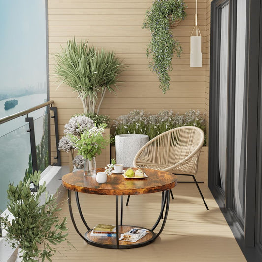 LUMAMIN 31.5" Round Coffee Table with Storage, 2 Tier Modern Small Wood Center Table with Metal Legs for Living Room, Bedroom, Rustic Brown